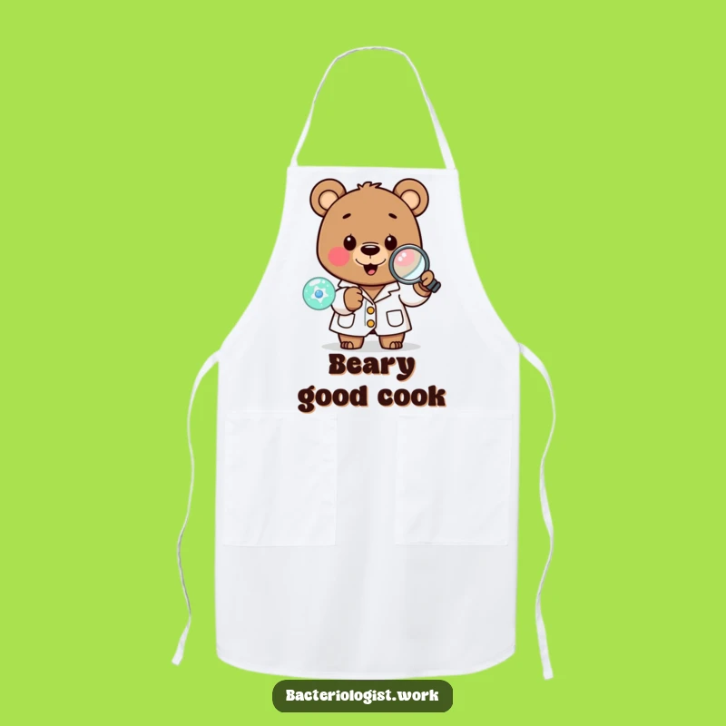 Funny Scientist Bear Apron: Happy Lab Coat Character Examining Cell, Kitchen Funny Gift