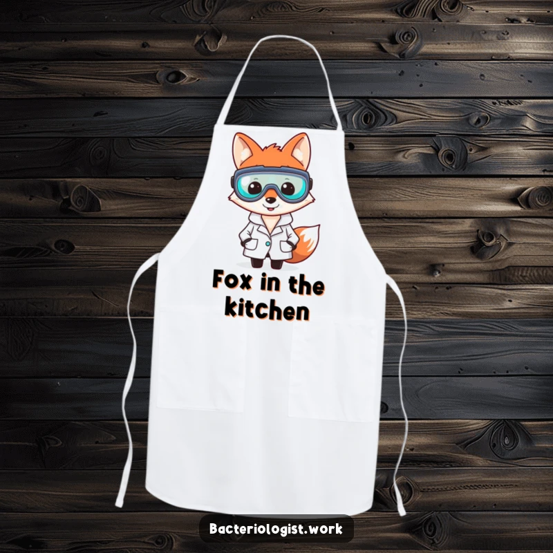 Funny fox bacteriologist apron, smiling and clever, wearing lab coat and goggles, humorous kitchen or lab wear, great gift.