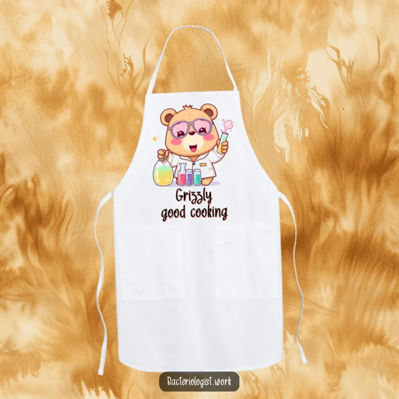 Funny bear bacteriologist apron, cheerful and excited, mixing colorful liquids, humorous kitchen or lab wear, great gift.