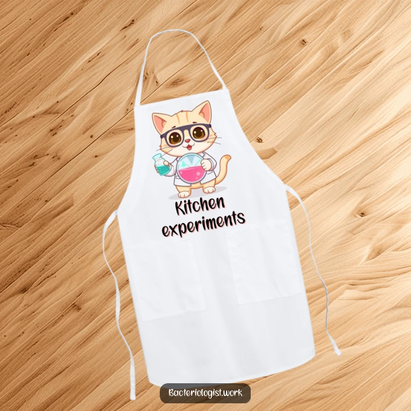 Funny cat bacteriologist apron, curious and focused, holding a petri dish, humorous kitchen or lab wear, great gift.