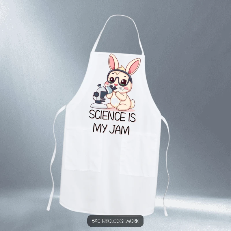 Funny rabbit bacteriologist apron, wide-eyed, peering into a microscope, humorous kitchen or lab wear, great gift.