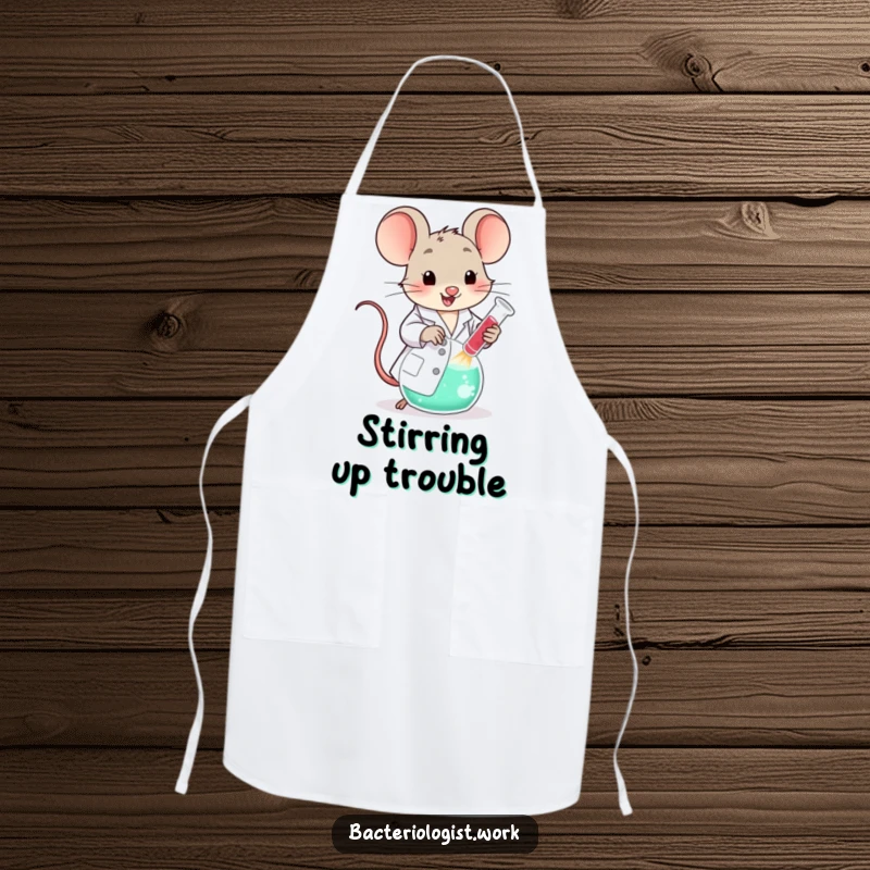 Funny scientist mouse in a lab coat, happily stirring a large bubbling beaker, ideal for chefs and cooks.