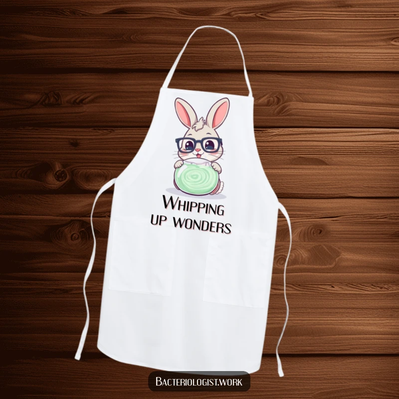Funny scientist bunny wearing glasses, cheerfully examining a swirling petri dish, ideal for home chefs.