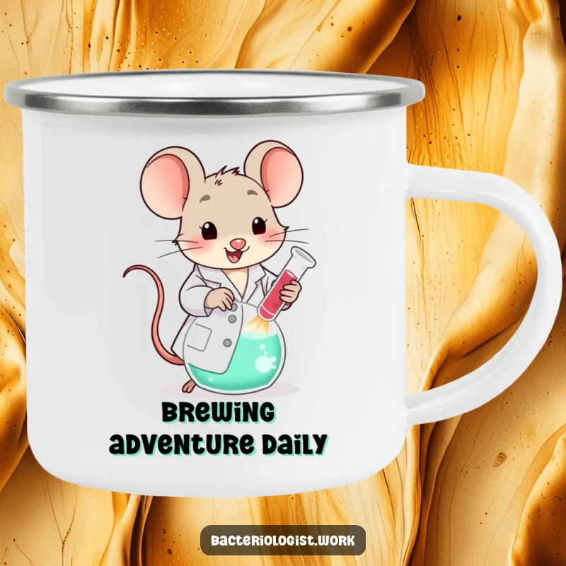 Funny scientist mouse in a lab coat, happily stirring a large bubbling beaker, perfect for outdoor enthusiasts.