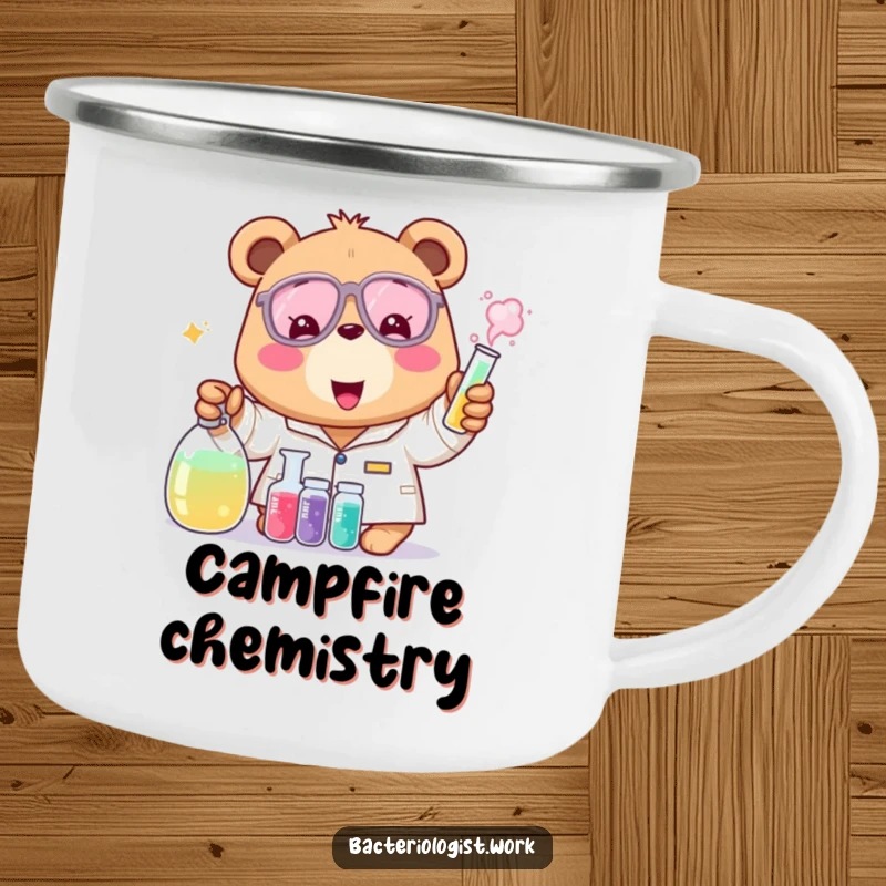 Funny bear bacteriologist camping mug, cheerful and excited, mixing colorful liquids, durable and humorous outdoor gear, ideal gift.