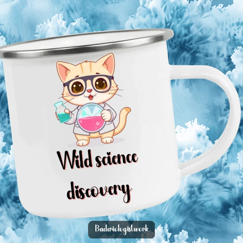 Funny cat bacteriologist camping mug, curious and focused, holding a petri dish, durable and humorous outdoor gear, ideal gift.