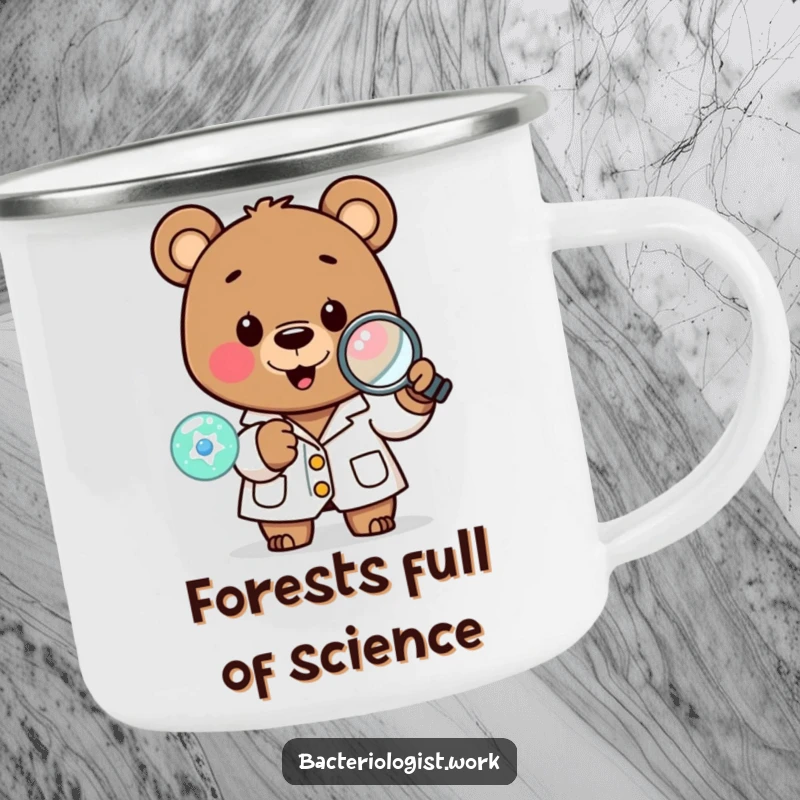 Funny scientist bear in a lab coat, happily examining a tiny cell with a magnifying glass, perfect for camping.