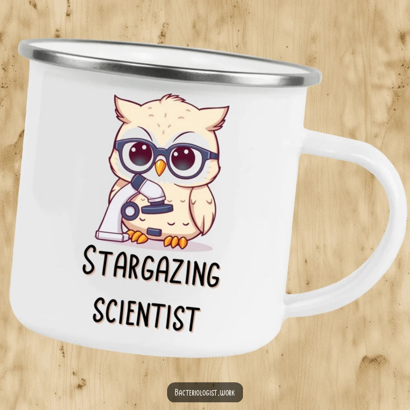 Funny scientist owl wearing spectacles, thoughtfully peering at a microscope, perfect for outdoor adventures.