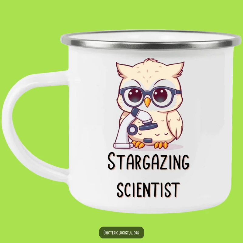 Funny Scientist Owl Camping Mug: Durable Spectacles Character Peering at Microscope, Outdoor Funny Gift