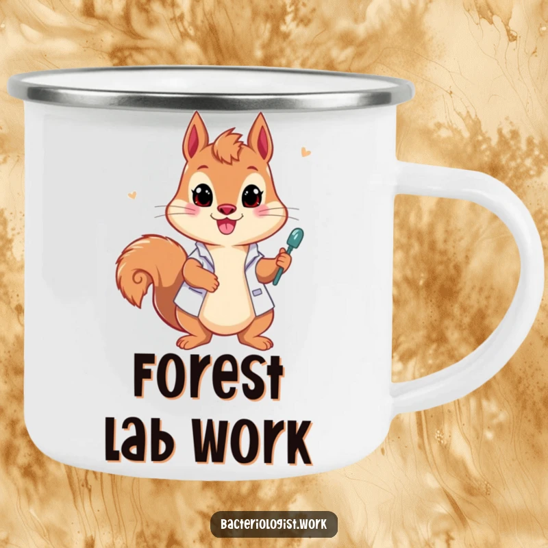 Funny squirrel bacteriologist camping mug, playful and enthusiastic, drawing samples, durable and humorous outdoor gear, ideal gift.