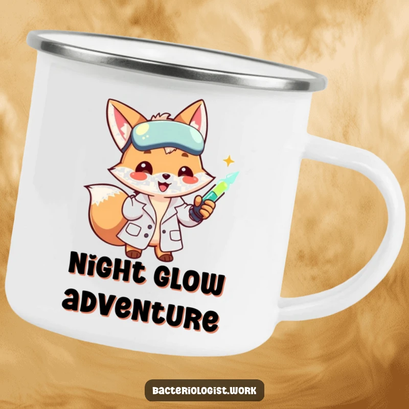 Funny scientist fox in a lab coat, smiling and injecting a glowing liquid, perfect for outdoor adventures.