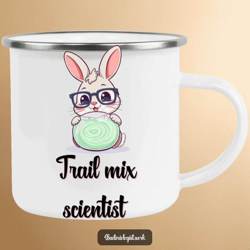Funny scientist bunny wearing glasses, cheerfully examining a swirling petri dish, perfect for outdoor adventures.