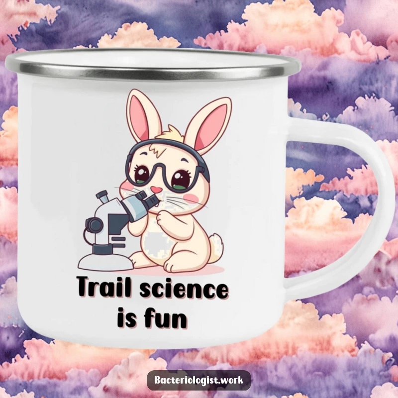Funny rabbit bacteriologist camping mug, wide-eyed, peering into a microscope, durable and humorous outdoor gear, ideal gift.