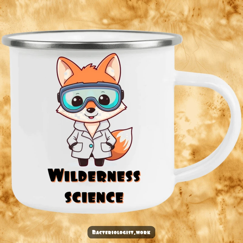 Funny fox bacteriologist camping mug, smiling and clever, wearing lab coat and goggles, durable and humorous outdoor gear, ideal gift.