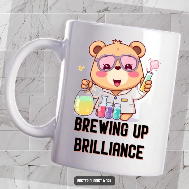 Funny bear bacteriologist mug, cheerful and excited, mixing colorful liquids in a lab, humorous science-themed gift.