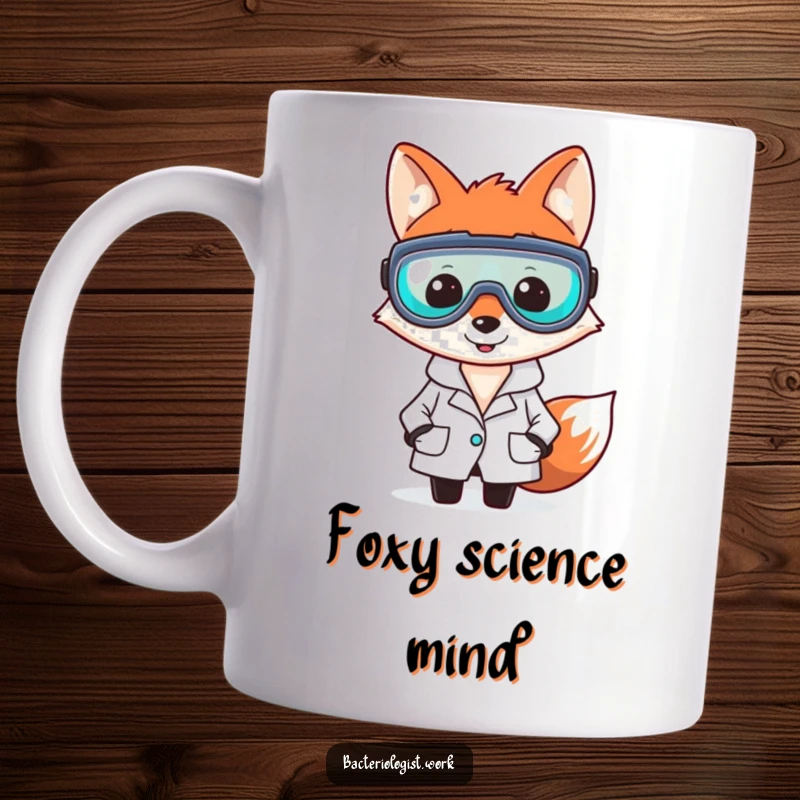 Funny fox bacteriologist mug, smiling and clever, wearing a lab coat and goggles, humorous science-themed gift.