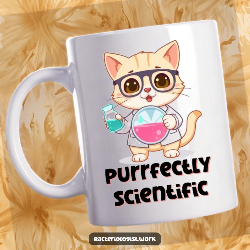 Funny cat bacteriologist mug, curious and focused, holding a petri dish, ideal humorous science-themed gift for cat lovers.