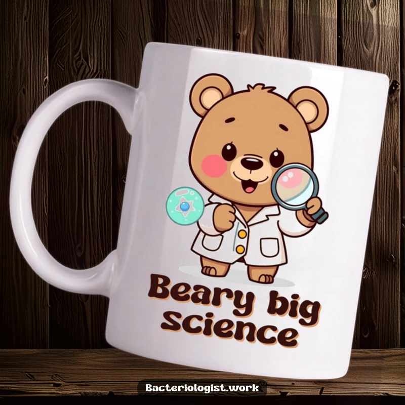 Funny scientist bear in a lab coat, happily holding a magnifying glass to a tiny cell, showing its focused and gentle personality.