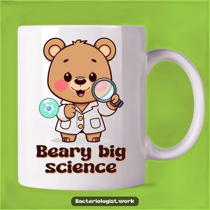 Funny Scientist Bear Mug: Happy Lab Coat Character Examining Cell with Magnifying Glass, Perfect Gift