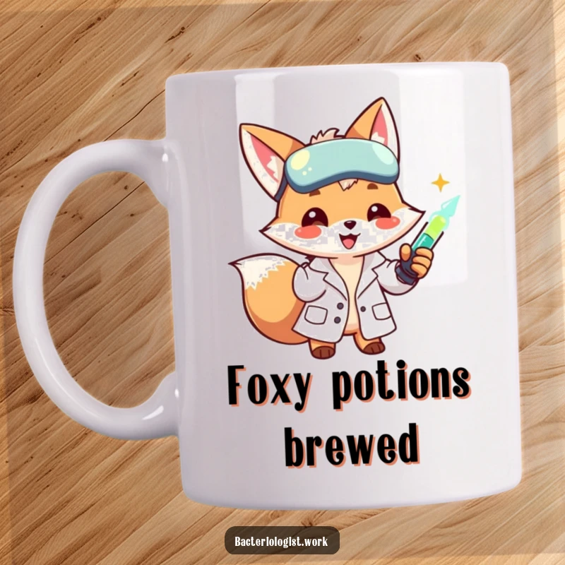 Funny scientist fox in a lab coat, smiling and injecting a glowing liquid, showing its clever and mischievous personality.