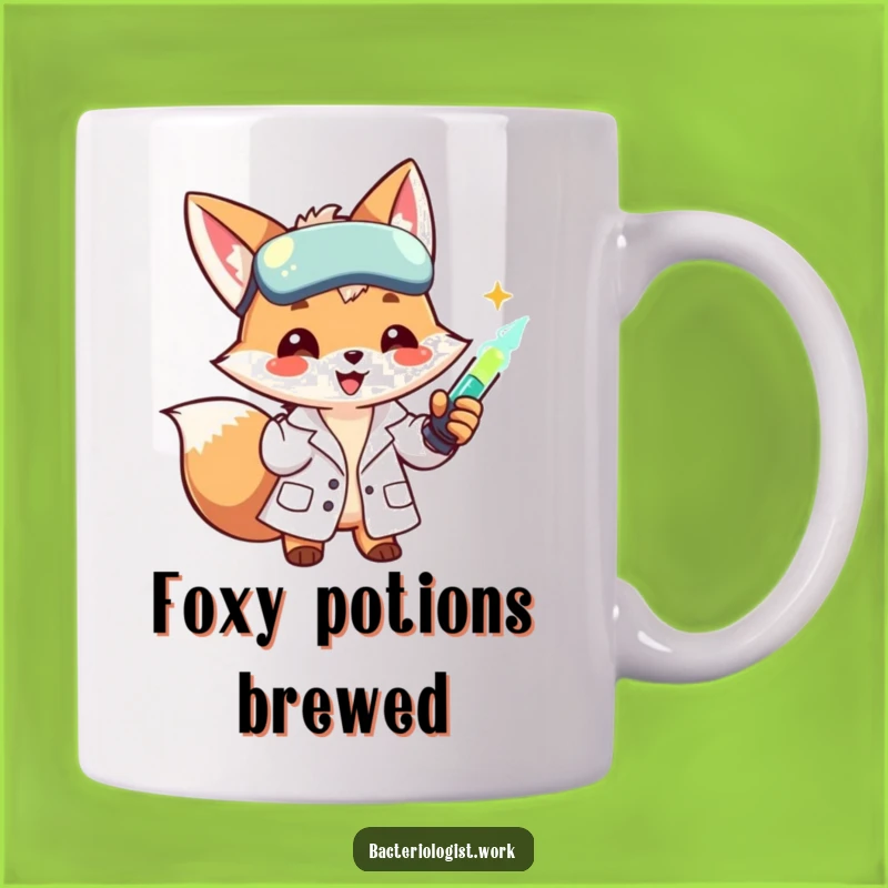 Funny Scientist Fox Mug: Smiling Lab Coat Character Injecting Glowing Liquid, Perfect Gift