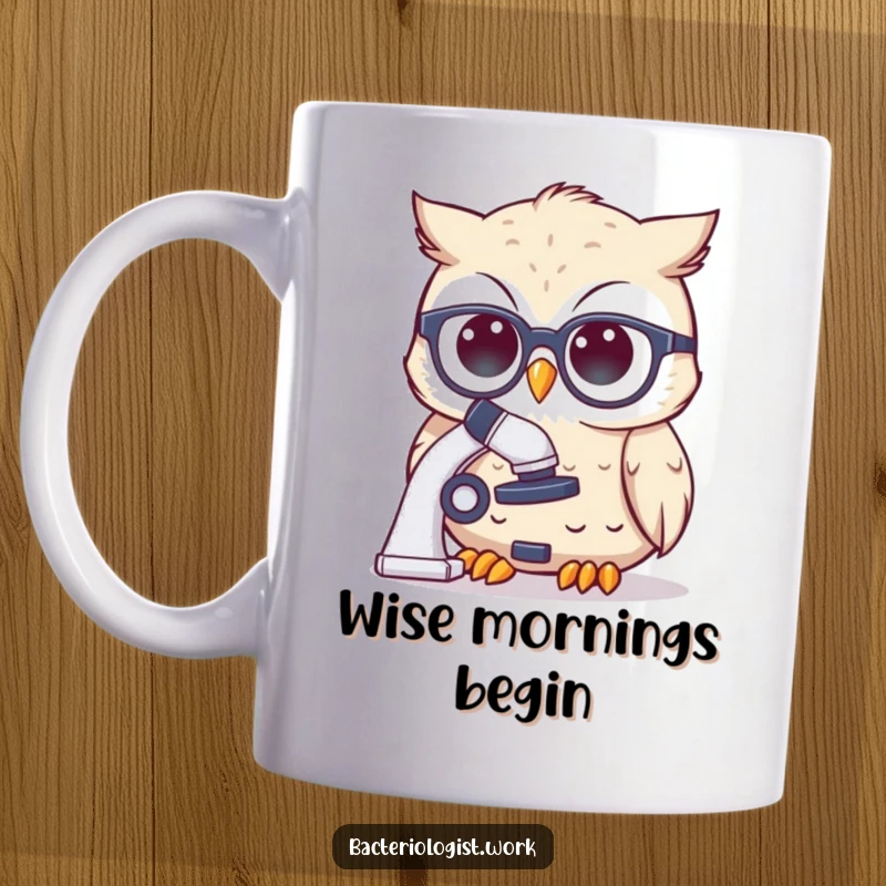 Funny scientist owl wearing spectacles, thoughtfully peering at a microscope, showing its wise and observant personality.