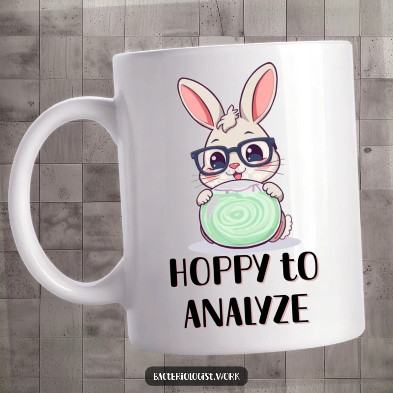 Funny scientist bunny wearing glasses, cheerfully examining a swirling petri dish, showcasing its meticulous and cute personality.