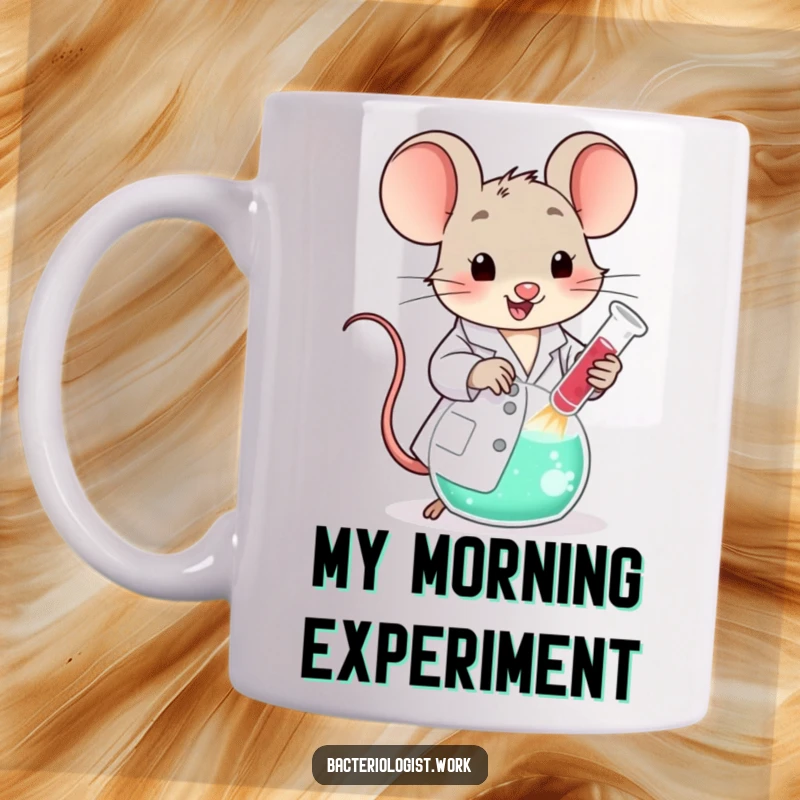 Funny scientist mouse in lab coat happily stirring a large bubbling beaker, showing off its fun and curious personality.