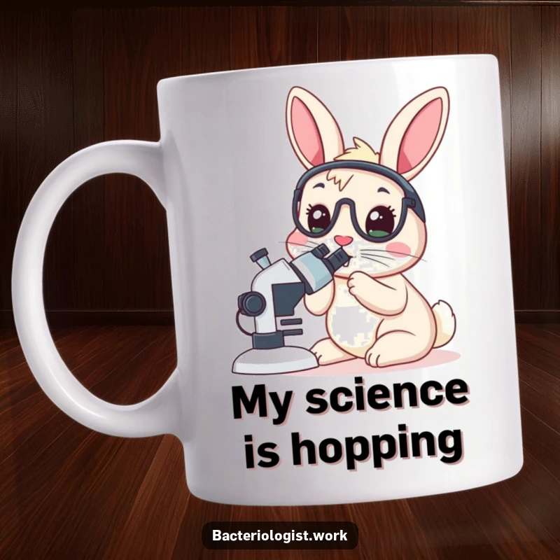 Funny rabbit bacteriologist mug, wide-eyed and curious, peering intently into a microscope, a hilarious science-themed gift.