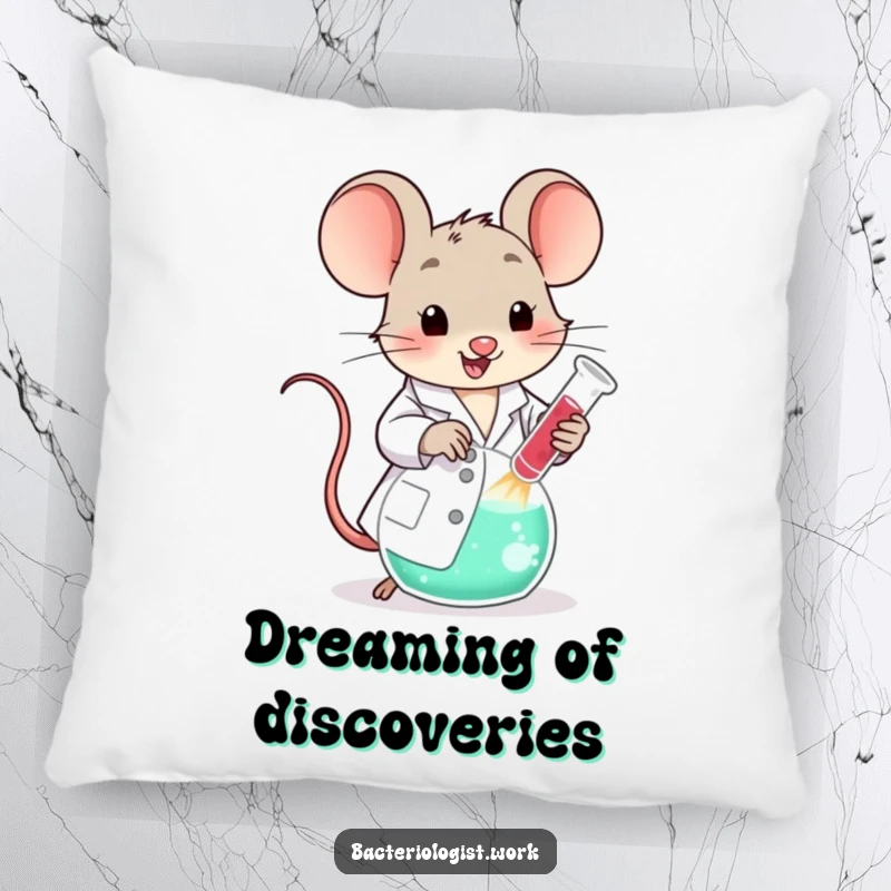 Funny scientist mouse in a lab coat, happily stirring a large bubbling beaker, a soft and comfortable accent pillow.