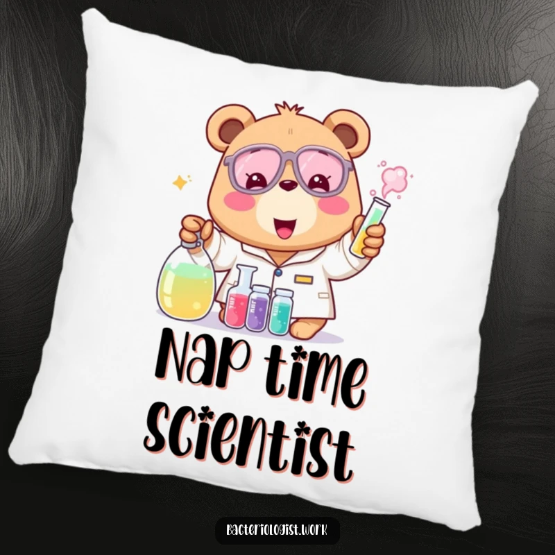 Funny bear bacteriologist pillow, cheerful and excited, mixing colorful liquids, soft and humorous science decor, perfect gift.