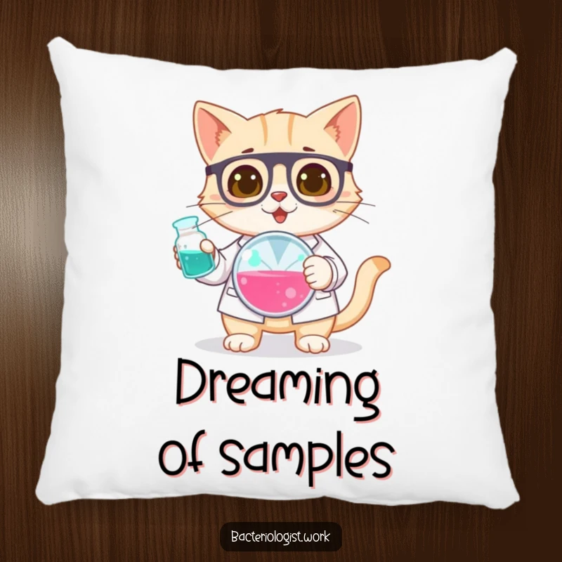 Funny cat bacteriologist pillow, curious and focused, holding a petri dish, soft and humorous science decor, perfect gift.