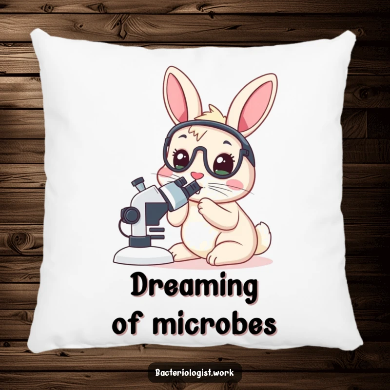 Funny rabbit bacteriologist pillow, wide-eyed, peering into a microscope, soft and humorous science decor, perfect gift.