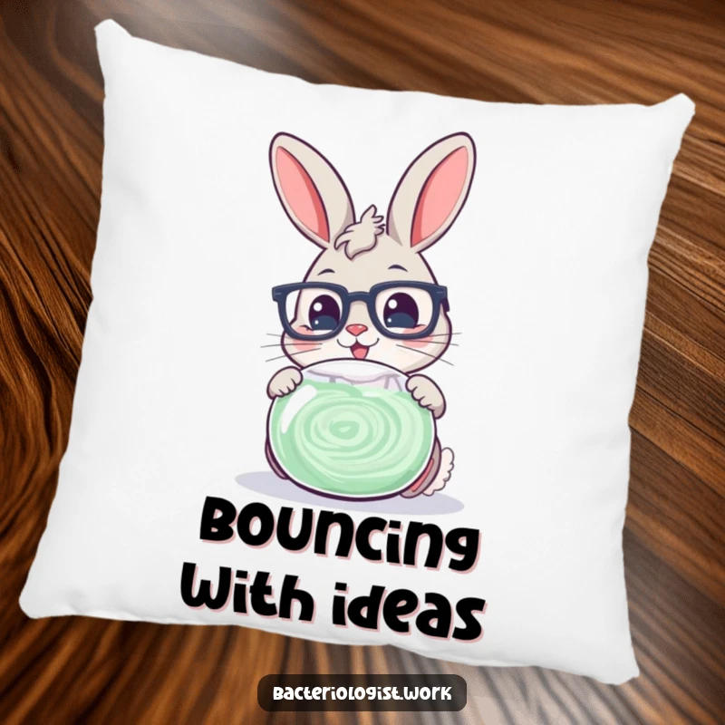 Funny scientist bunny wearing glasses, cheerfully examining a swirling petri dish, a soft and amusing accent pillow.