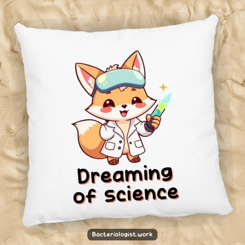 Funny scientist fox in a lab coat, smiling and injecting a glowing liquid, a soft and amusing accent pillow.