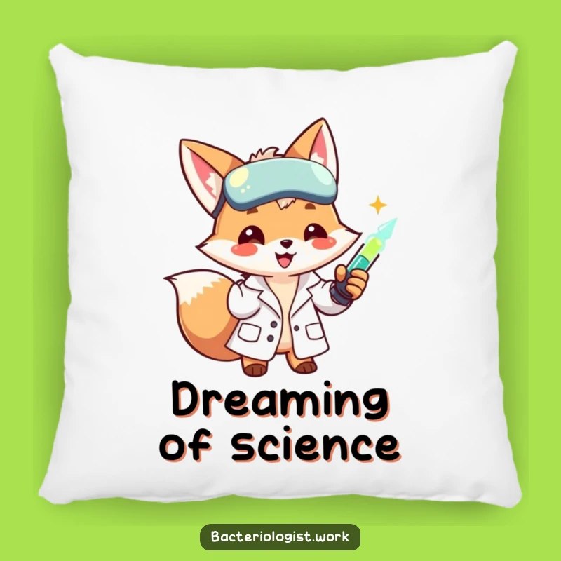 Funny Scientist Fox Pillow: Cozy Lab Coat Character Injecting Glowing Liquid, Comfy Funny Gift