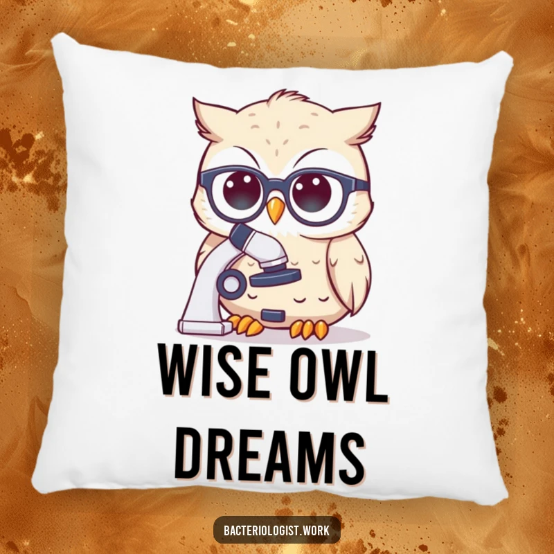 Funny scientist owl wearing spectacles, thoughtfully peering at a microscope, a soft and amusing accent pillow.