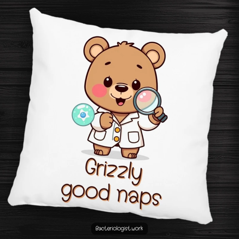 Funny scientist bear in a lab coat, happily examining a tiny cell with a magnifying glass, a soft decorative pillow.