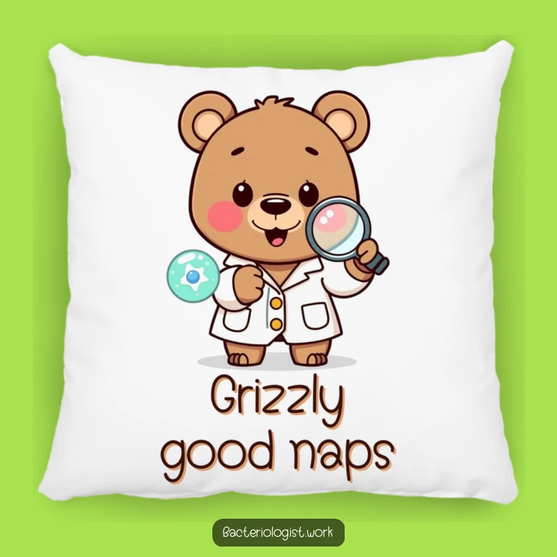 Funny Scientist Bear Pillow: Cozy Lab Coat Character Examining Cell, Comfy Funny Gift