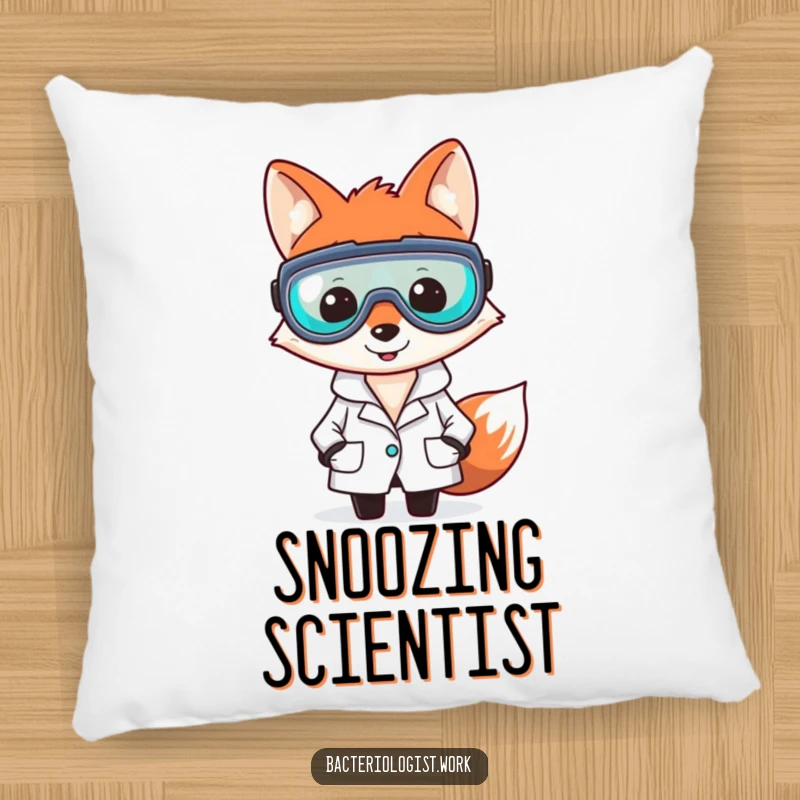 Funny fox bacteriologist pillow, smiling and clever, wearing lab coat and goggles, soft and humorous science decor, perfect gift.