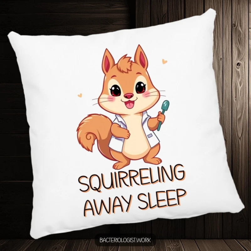 Funny squirrel bacteriologist pillow, playful and enthusiastic, drawing samples, soft and humorous science decor, perfect gift.