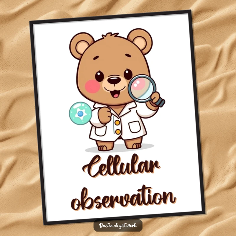 Funny scientist bear in a lab coat, happily examining a tiny cell with a magnifying glass, high-resolution humorous art.