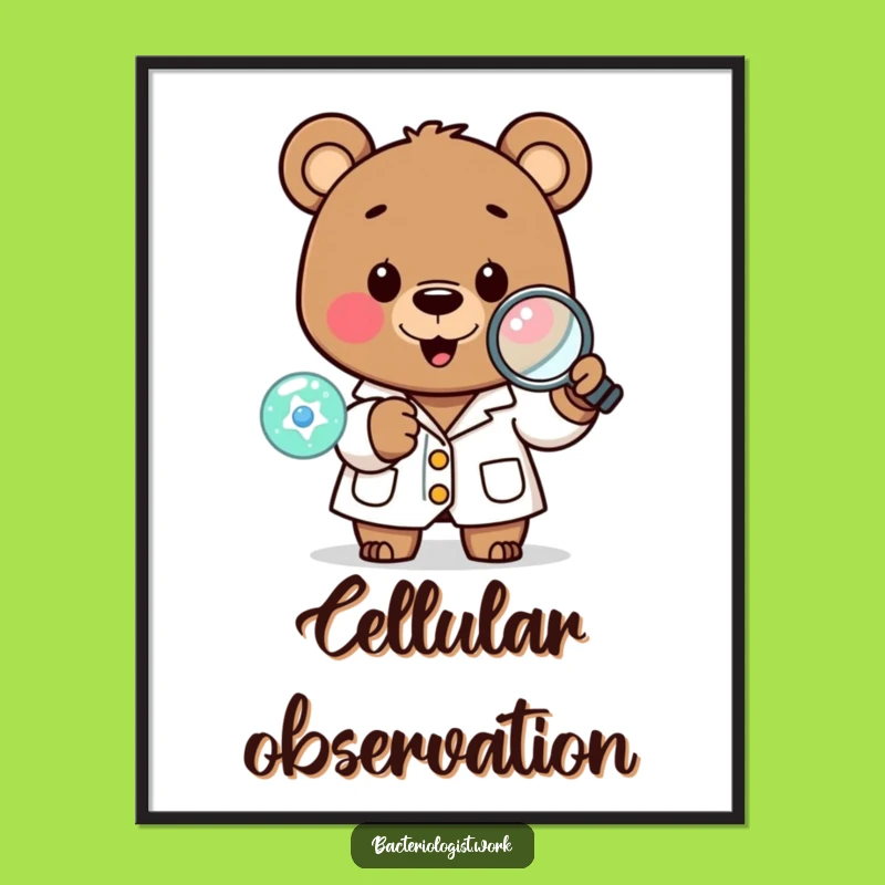 Funny Scientist Bear Digital Art Print: Lab Coat Character Examining Cell, Instant Funny Gift