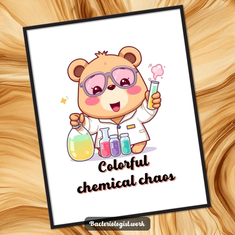 Funny bear bacteriologist digital art print, cheerful and excited, mixing colorful liquids, vibrant and humorous science illustration, instant gift.