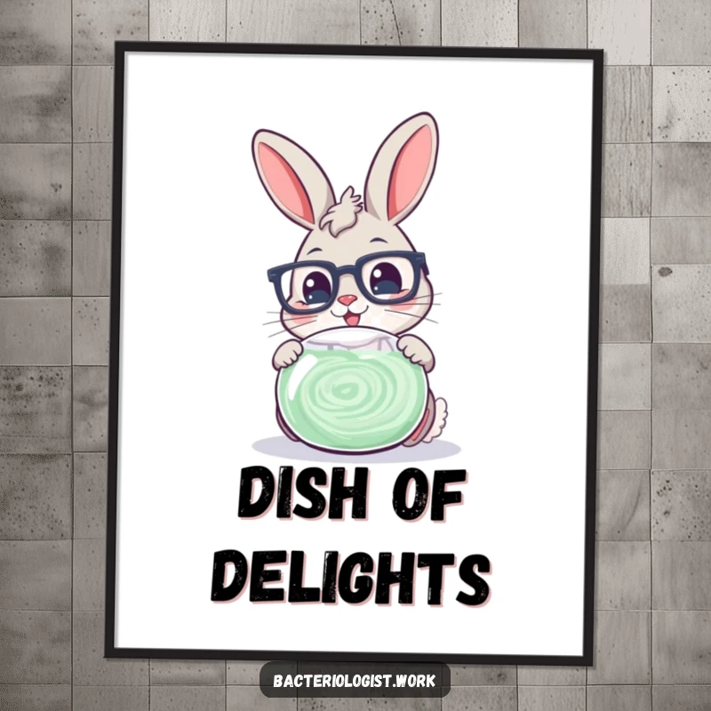 Funny scientist bunny wearing glasses, cheerfully examining a swirling petri dish, high-quality humorous digital art.
