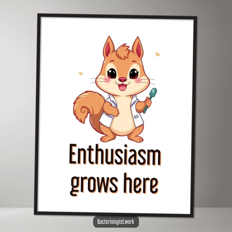 Funny squirrel bacteriologist digital art print, playful and enthusiastic, drawing samples, energetic and humorous science illustration, instant gift.