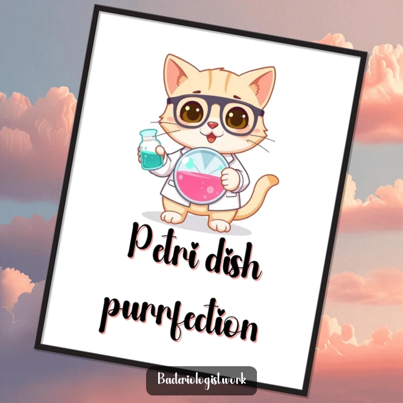 Funny cat bacteriologist digital art print, curious and focused, holding a petri dish, intriguing and humorous science illustration, instant gift.