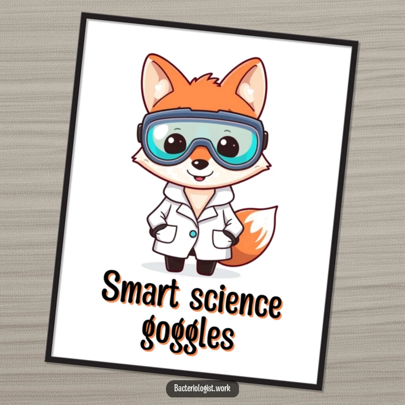 Funny fox bacteriologist digital art print, smiling and clever, wearing lab coat and goggles, witty and humorous science illustration, instant gift.