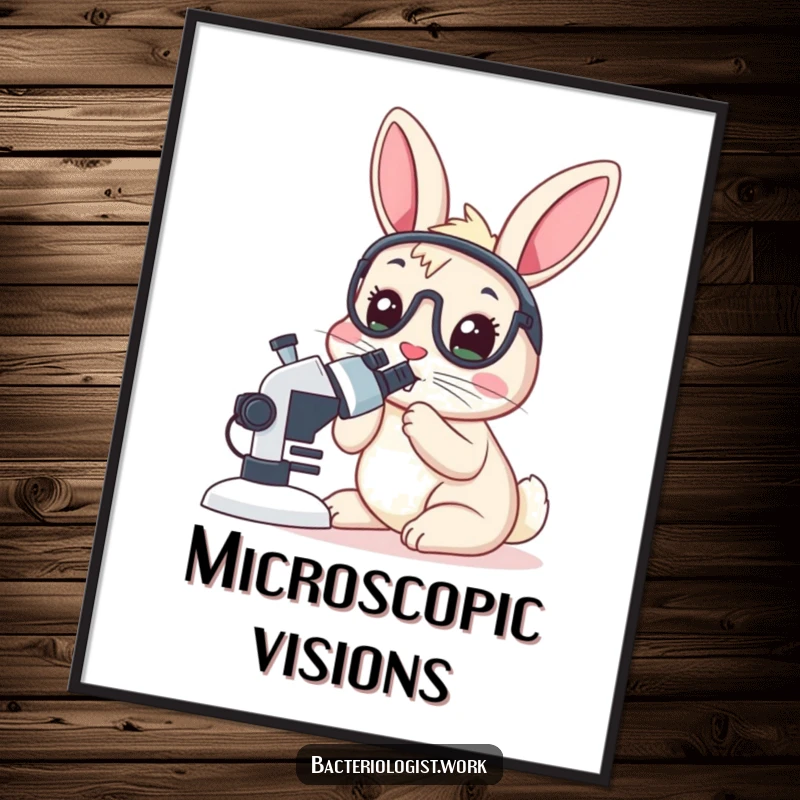 Funny rabbit bacteriologist digital art print, wide-eyed, peering into a microscope, humorous science illustration, instant gift.
