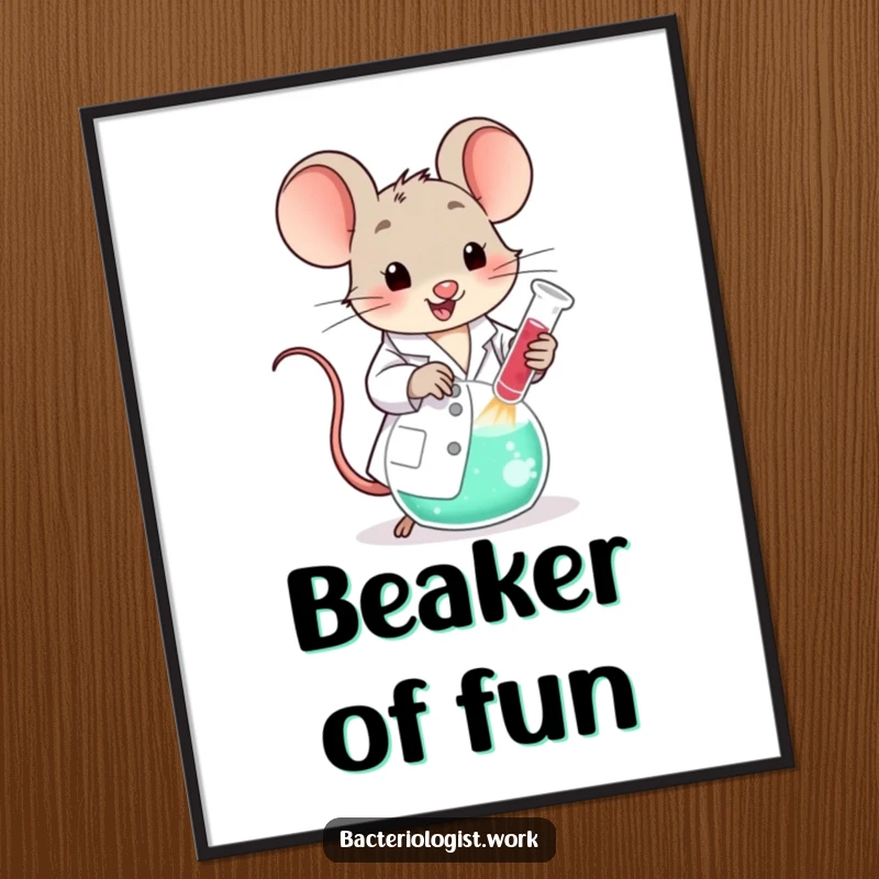 Funny scientist mouse in a lab coat, happily stirring a large bubbling beaker, high-resolution humorous digital art.